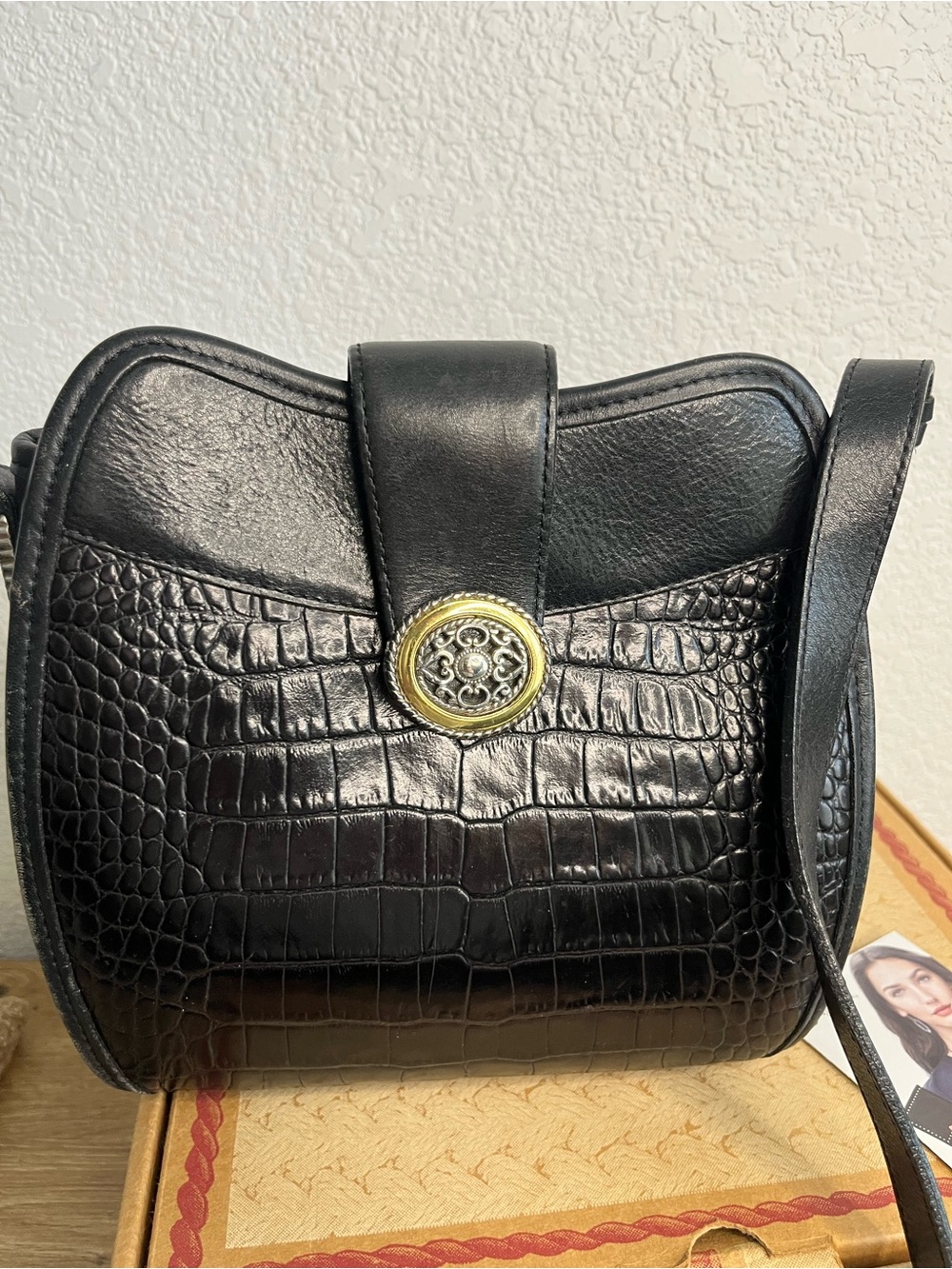 NOS Vintage Brighton Poppy Black Croc Embossed Leather Shoulder Bag H3053 NWOT - Picture 5 of 13